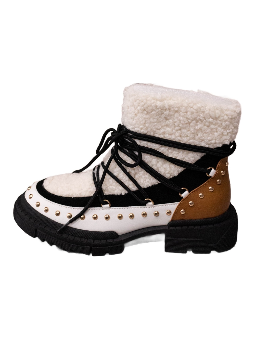 NWT JustFab Bethy Faux-Shearling Lace-Up Ankle Boots - White/Black/Tan, Size 5.5